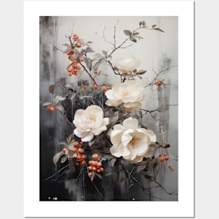 Painting of White Camellias and Berries Posters and Art